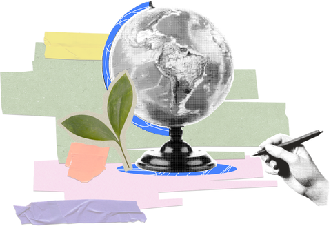Put the world to writes. Globe with writing hand. Seeds of hope.